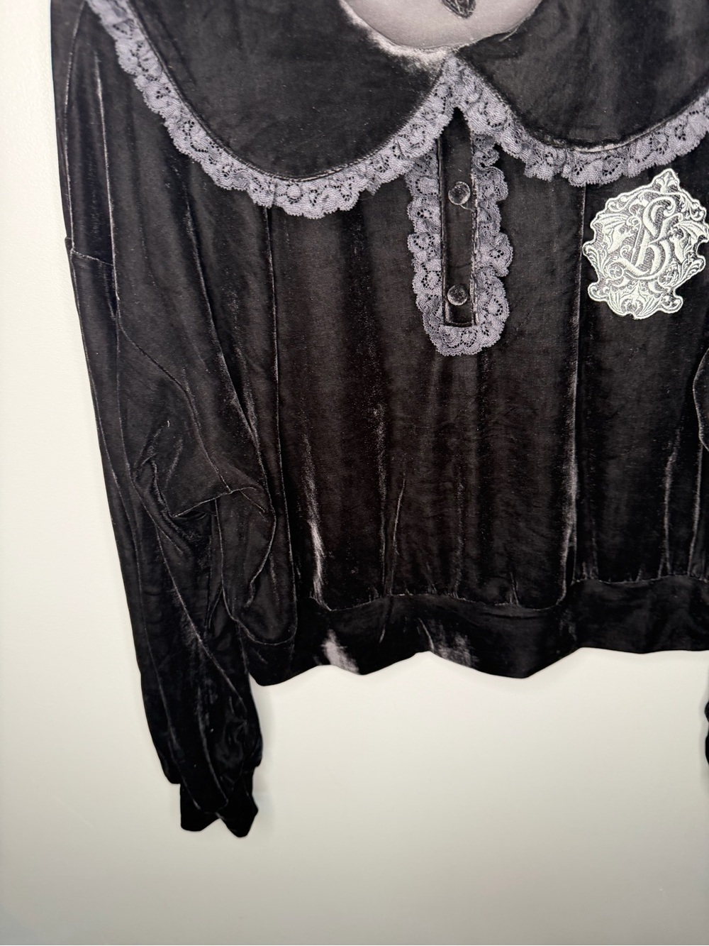 KILLSTAR Black Velvet Peter Pan Collar Lace Trimmed Blouse - Picture 5 of 12